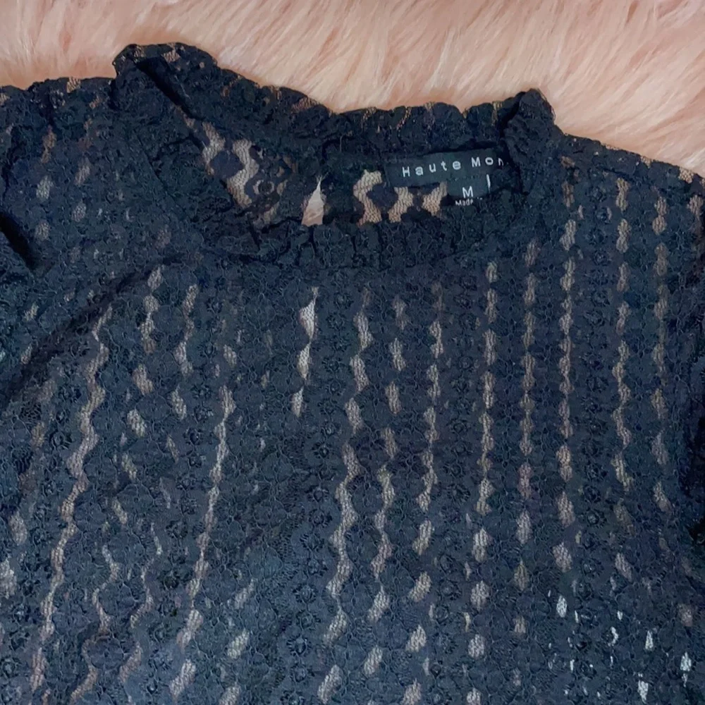 New Trendy Brick Color Sheer Crochet Mock Neck Long Sleeve Blouse